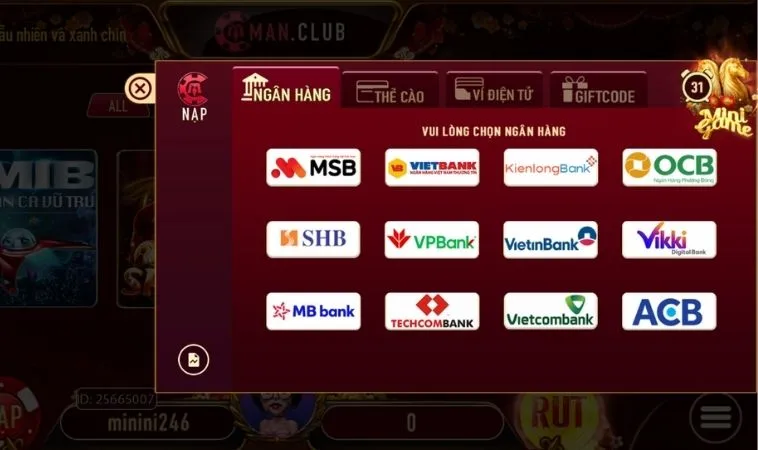 Các phương thức Nạp Tiền ManClub