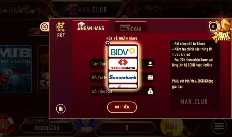 Giao diện Rút tiền ManClub