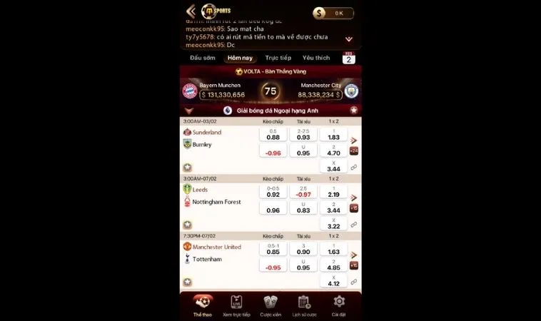 Giao diện cá cược Thể Thao ManClub